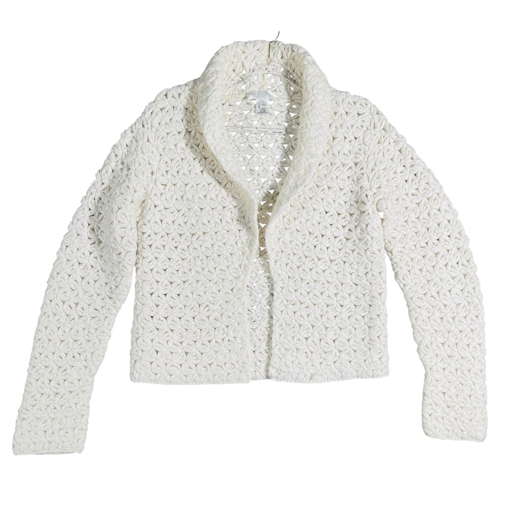 White House Black Market Women Cardigan Crochet XL Ivory Wool Cashmere Blend